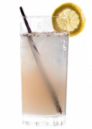 A glass with a drink, straw and lemon wedge. 
